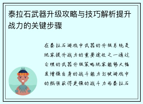 泰拉石武器升级攻略与技巧解析提升战力的关键步骤 泰拉石武器升级攻略与技巧解析提升战力的关键步骤